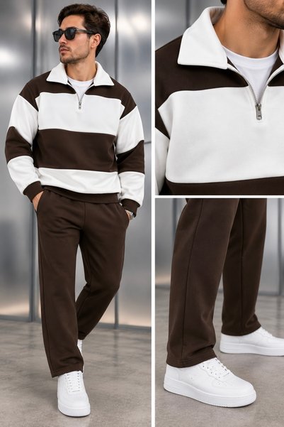 WENMİNG Men's 3-Ply Brushed Inside Corduroy Half-Zip Polo Collar Striped Stra...
