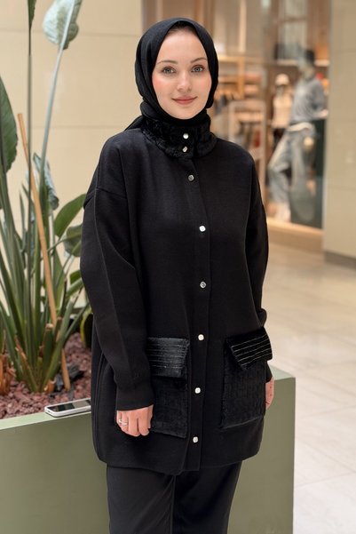 Mahal Crochet Knitwear Jacket with Pocket and Collar Detail