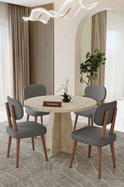 UZMHOME Yuvarlak 90 x 90 4 Sandalyeli Mutfak Masa Takımı Yemek Masası Salon T...