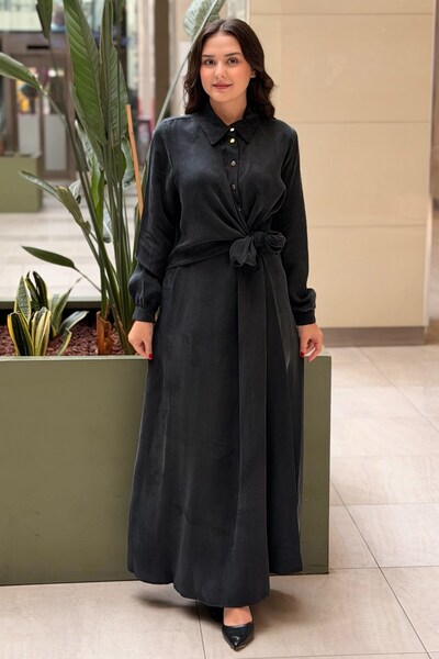 Nuss Shirt Collar Half Snap Button Waist Tie Detail Vegan Silk Dress