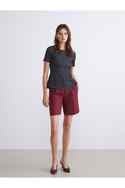 LC Waikiki Lcw Visionbordo Loose Fit 100% Linen Women's Pleated Shorts