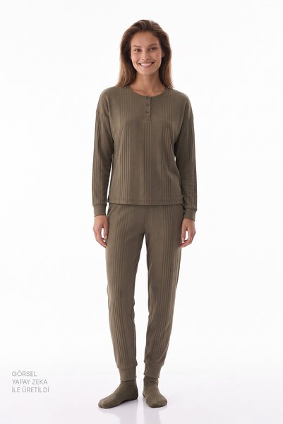 Penti Khaki Marina Ribbed Long Sleeve Trousers Pajama Set