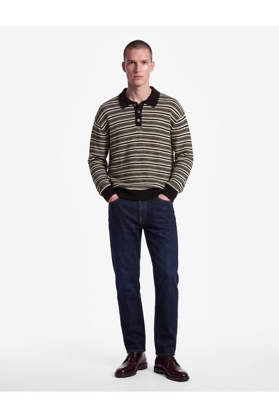 Koton Comfortable Fit Long Sleeve Buttoned Polo Collar Striped Knit Sweater