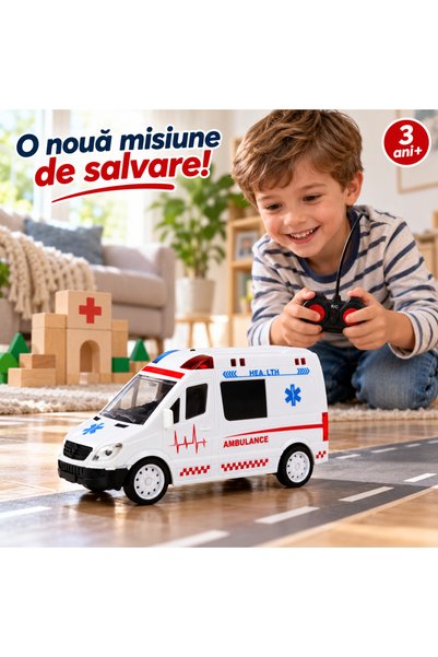 LEAN Ambulanță cu telecomandă R/C, albă, lumini și sunete, roți din cauciuc, ...