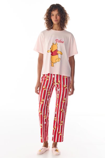 Penti Pembe Monday Vibes Ayı Desenli Pamuklu Pantolon Kısa Kollu Pijama Takımı