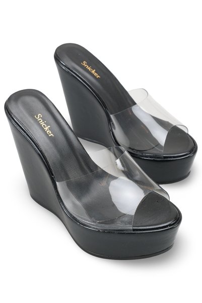 SNİCKER Women's Transparent Wedge Heel Slippers Black