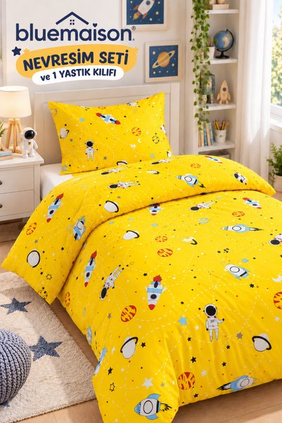 BlueMaison Single Bedding Set, Space Yellow Astronaut, for a Teenager's Room....