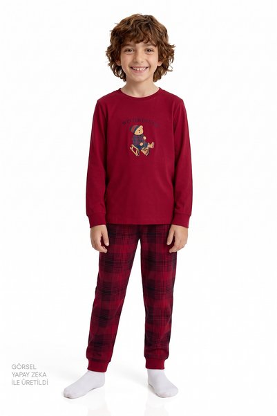 Penti Unisex Kids Burgundy Teddy Crew Fam Long Sleeve Pajama Set