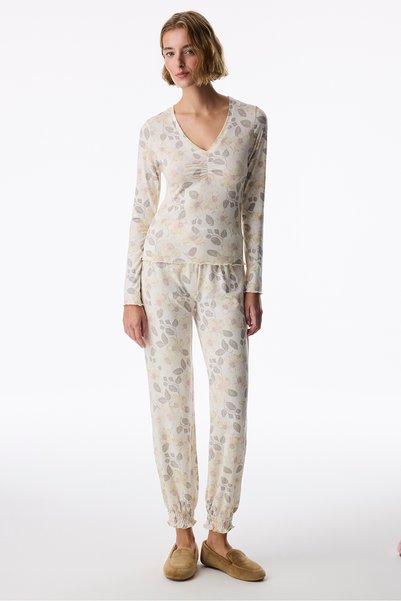 Penti Ekru Bloom Çiçekli Uzun Kollu Pantolon Pijama Takımı