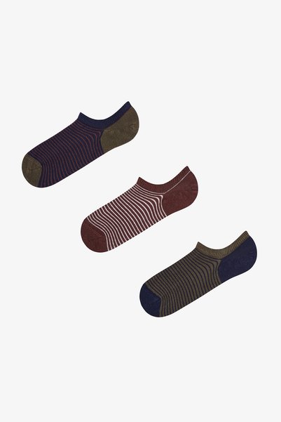 Penti Erkek Haki Below Surface Çizgili Pamuklu 3 Çift Sneaker Çorap