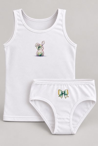 FUL Girl's 2-Piece Underwear Set, Off-White Rabbit Ribbon Front and Heart Bac...