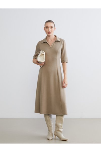 LC Waikiki LCWAIKIKI Classic Brown Interlock Straight & Slim Polo Collar Midi...