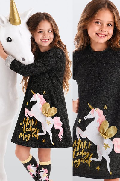 MSHB&G Kız Çocuk Kışlık Unicorn Desenli Siyah Uzun Kollu Elbise 3-9 Yaş