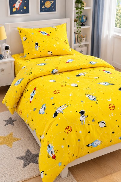 Violacasa Youth Room Duvet Cover Set with Elastic Sheets 100% Cotton Space Ye...