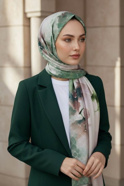 Vissona شال مقاوم للبقع من قماش الكريب بنمط زهور ملونة باللون الأخضر الزيتي م...