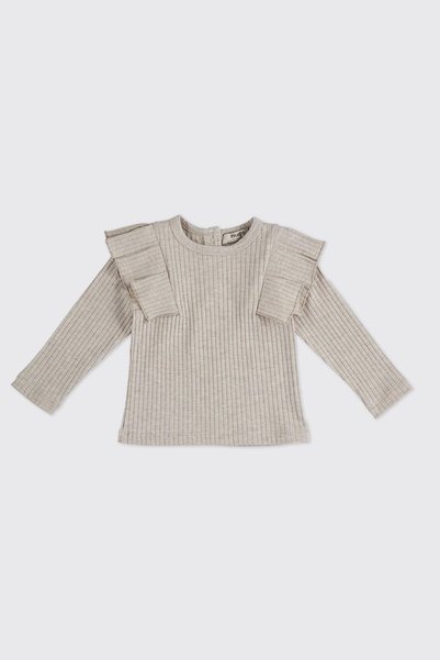 Panço Baby Girl Beige-Melange T-Shirt with Ruffle Sleeves