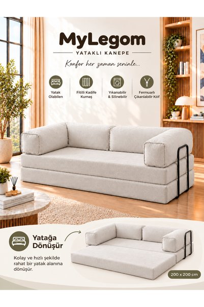 Mygusi MyLegom 90x200 Yataklı Kanepe Fitilli Kadife Dinlenme Koltuğu, Yıkanab...