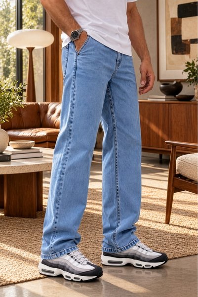 Vellagio Erkek Mavi Baggy Jogger Jean İp Bağlamalı Streetwear Kot Pantolon