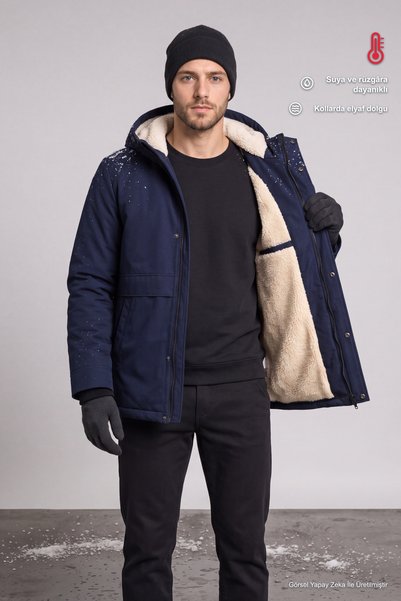 Freemen Men's Navy Blue Ribbed Coat with Fur Inside the Hood, Water and Wind ...