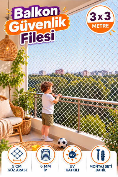 KONAK FİLE 3 METRE X 3 METRE Balkon Çocuk Güvenlik Filesi 6 MM Kalınlığında - 5X5 Koruma Merdiven İş Ağı