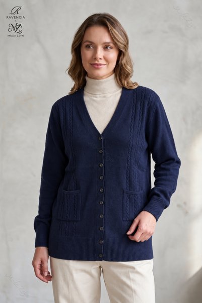 Ravencia Cardigan de damă, albastru marin, cu decolteu în V și nasturi, trico...