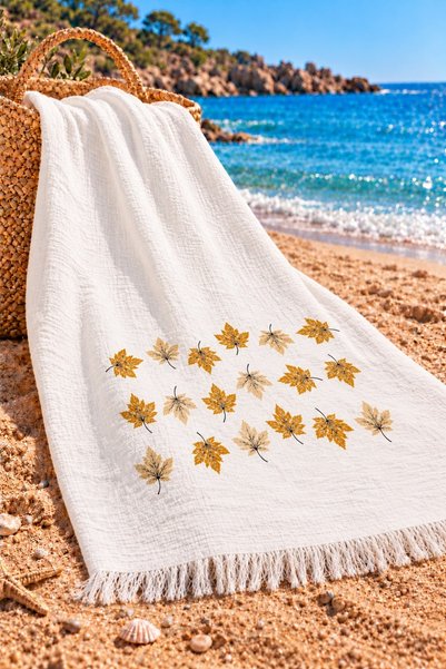 Efesan 100% Cotton Printed Muslin Peştemal (Yellow Leaf)