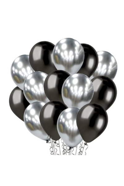 OEM Set 10 Baloane din Latex Chrome, Model Party, 23 cm, negru argintiu, 2.2 g