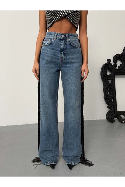 HerTon Women's Draped Straight-Cut Denim Trousers with Rope Tassel Detail on ...