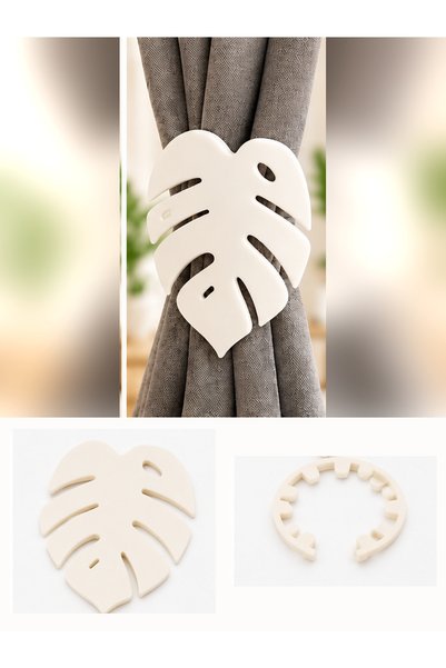 minifigür Monstera Yaprak Desenli Fon Perde Tutucu - 2 Adet - Kırık Beyaz