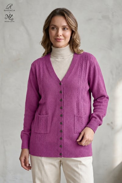 Ravencia Cardigan tricotat pentru femei, roz, cu decolteu în V și nasturi