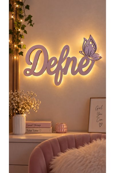 Runc Design Kişiye Özel İsimli Ahşap Duvar Dekorasyonu - Kelebek Detaylı Çocu...