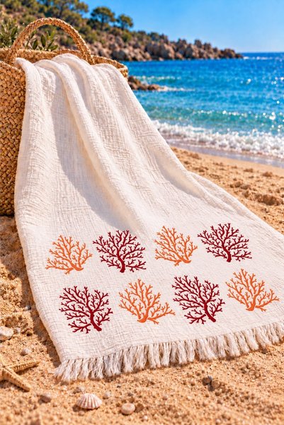 Efesan 100% Cotton Printed Muslin Peştemal (Red Coral)