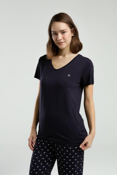 Arnetta 3225 Women's V-Neck Short Sleeve Navy Blue Polka Dot Capri Pajama Set