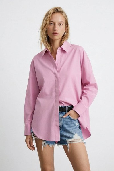 Quzu Oversize Pembe Kadın Gömlek 11478
