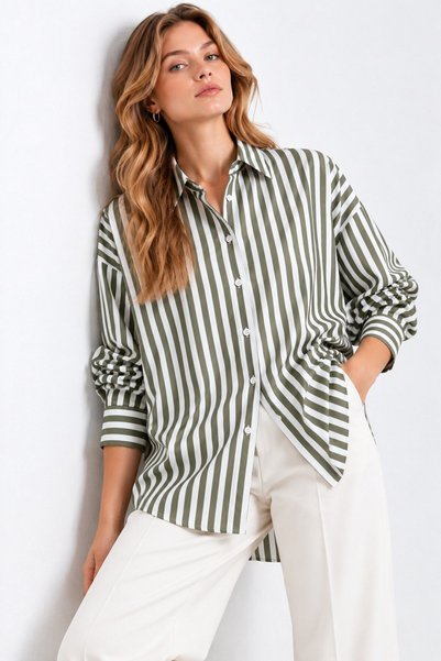 Saade Khaki Striped Oversize Fit Drop Shoulder Boyfriend Cut Shirt