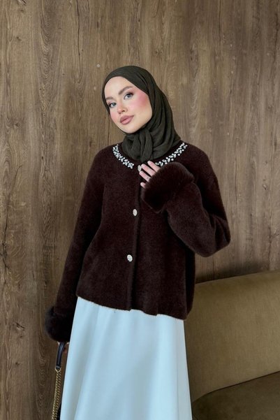 Şule Giyim Şenay Sleeve Fur Collar Stone Detailed Cardigan Brown
