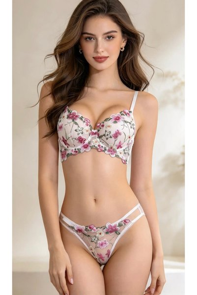 Reoona Çiçekli Dantelli İç Çamaşırı Takımı - Nakışlı Korse Bralet ve String Set - Beyaz Çiçek Desenli Sütyen Takım
