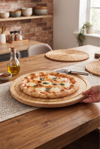 Evyeri Bambu Döner Sunumluk 33x33 cm Pizza Standı Ahşap Döner Servis Tepsisi ...