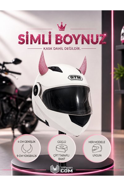 Butik Motor & Motosiklet Pembe Simli Şeytan Boynuzu Kask Dış Aksesuar