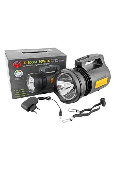 MİKİ Lanterna Profesionala cu LED TD 6000A T6 de 30 W Acumulator Integrat Negru