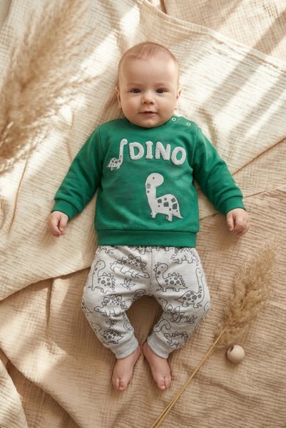 ANP MODA TASARIM Green Dinosaur-Embroidered 100% Cotton 2-Piece Baby Boy Set