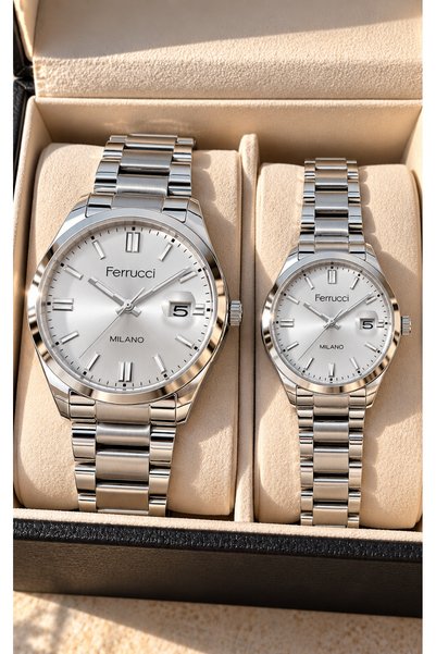 Ferrucci Couple's Watches, Silver Color Dial, Steel Band Bracelet Gift