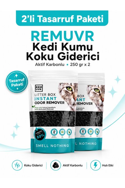 REMUVR Kedi Kumu Koku Giderici Premium 250 gr x 2 Adet Tasarruf Paketi Aktif Karbonlu Kedi Kumu Koku Önleyici Koku Giderici