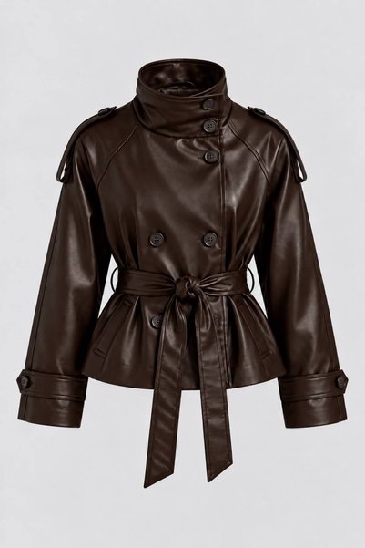mega lucky Women's Coffee-Colored Belted Stand-Up Collar Premium Faux Leather...