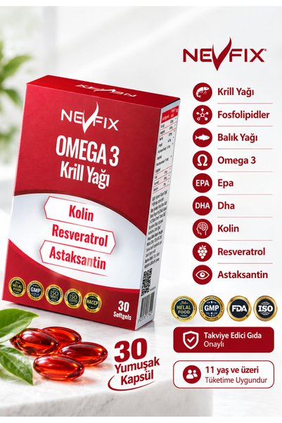 Nevfix Krill Yağı 30 Softgel Kolin Resveratrol Astaksantin Fosfolipidler Omeg...