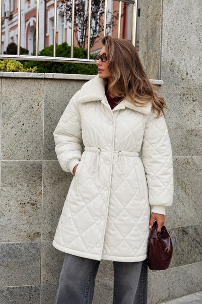 Raben Women's Quilted Long Coat with Plush Collar, Baklava Pattern, and Draws...