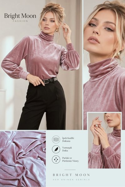 bright moon Women's Blouse Silk Velvet Mock Neck Long Sleeve Stylish Blouse