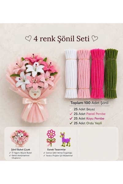 hyc heryerçiçeklenir Şönil Çiçek Yapım Seti 100 Adet (Beyaz,Pastel Pembe,K.Pe...