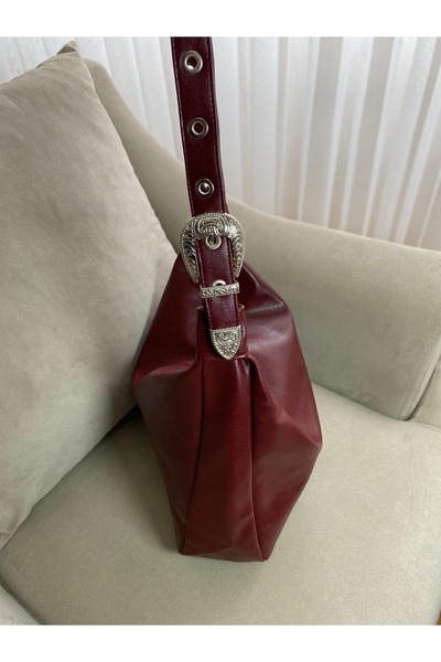 Nevalia Kadın Bordo Soft Deri Omuz Çantası-Büyük Hacimli Metal Tokalı Günlük ...