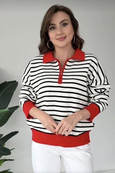 DAMGA Collection كنزة نسائية من التريكو بياقة بولو ونقشة مخططة.
